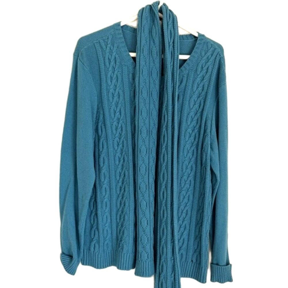 Appleseed's Women's Teal Cable Knit V-Neck Sweater & Matching Scarf XL